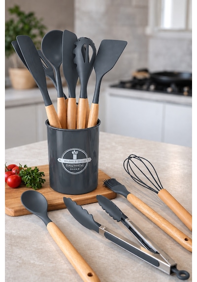 11 Parça Bambu Saplı Isıya Dayanıklı Silikon Mutfak Gereçleri Seti Kepçe Spatula Maşa Çırpıcı Gri