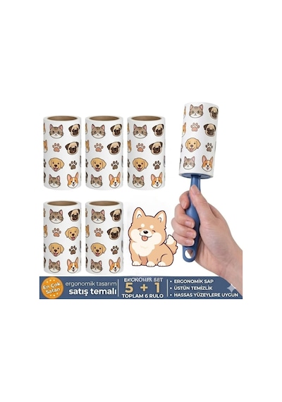 Deinhaus Tüy Toplayıcı Roller Seti, 6 Rulo, Kedi Ve Köpek Tüyü Temizleyici, Ergonomik Sap, Hassas Yüzeylere Uygun