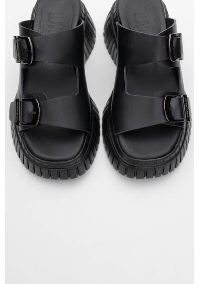 Luvishoes Joanes Siyah Cilt Hakiki Deri Çift Bantlı Kadın Dolgu Taban Terlik Siyah