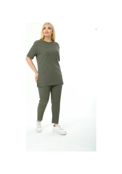 Modasehle Kadın Kısa Kollu Beli Lastikli Yırtmaçlı Rahat Kalıp İkili Pijama Takım Haki