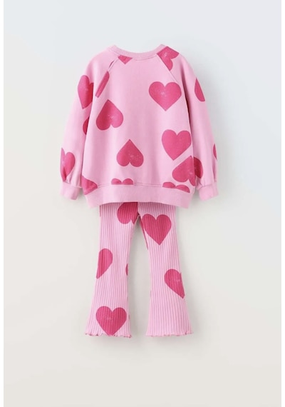 Kız Çocuk Kalp Desenli Pamuklu Sweatshirt Tayt Alt-üst Takım Pembe Renk Açık Pembe
