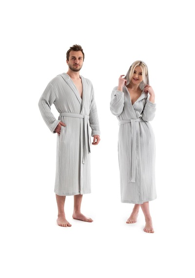 Unisex Kapşonlu 4 Kat Müslin Bornoz - Gri