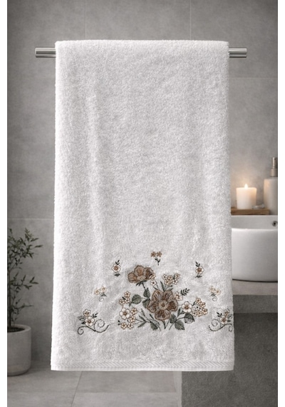 Bambu Pamuk Çiçek Nakışlı 50 X 90 Cm Nakışlı El Havlusu Açık Bej