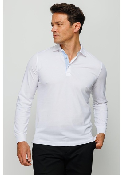 Desen Triko Erkek Polo Yaka Uzun Kollu Sweatshirt Beyaz Beyaz