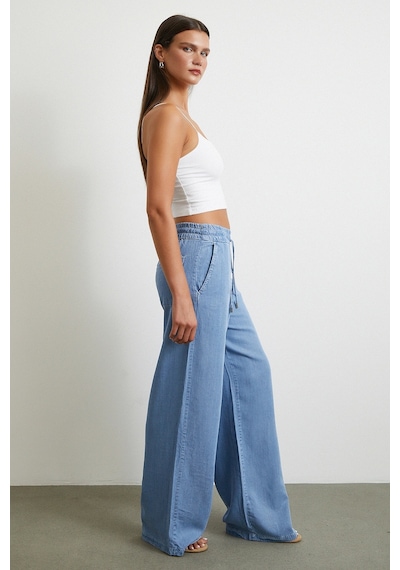 Never More Beli Lastikli Bağcıklı Geniş Paça Pantolon Mavi Mavi
