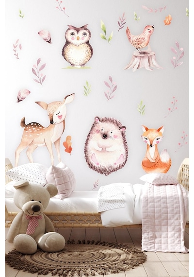 MSticker Sevimli Hayvanlar Ve Yapraklar Çocuk Bebek Odası Sticker Seti