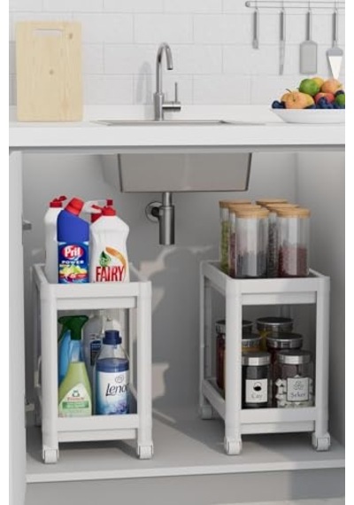 Ayrex 2 Katlı Tekerlekli Düzenleyici Raf Mutfak Tezgah & Evye Altı Dolap İçi Organizer, Banyo Deterjanlık Ve Şamp