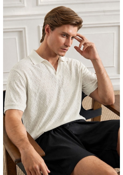 Tarz Cool Erkek Jakar Desenli Düğmesiz Polo Yaka Tişört Slim Fit Yazlık Triko Tişört Beyaz Tarz Cool Erkek Jakar Desenli Düğmesiz Polo Yaka Tişört Slim Fit Yazlık Triko Tişört Beyaz