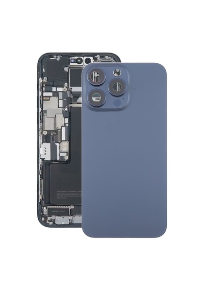 Rogfer Apple Uyumlu iPhone 15 Pro Max İçin Kamera Lens Kapaklı Cam Pil Arka Kapağı Mavi Mavi Mavi