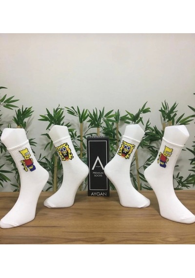 Bart Simpsons & Sunger Bob Desenli Renkli 2 Çift Spor Çorap Beyaz
