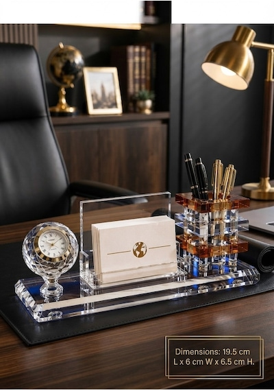 Premium Hediye Ofis Kristal Cam Saatli Kalemlik Kartvizitlik Yönetici Masaüstü Organizer Seti Kahve Çok Renkli