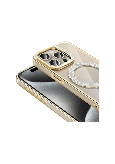 Apple Uyumlu iPhone 15 Pro Kılıf Pırlanta Taş Tasarımlı M-safe Şarj Özellikli Karetta Silikon Kılıf Gold
