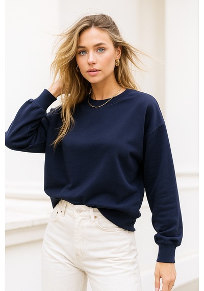 Kadın Lacivert Pamuklu İnterlock Oversize Sweatshirt Lacivert