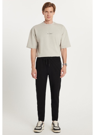 Tudors Unisex Standart Fit Pamuklu 2 İplik Fermuar Cepli Lastikli Bağlamalı Düz Paça Siyah Eşofman Altı-34068 Siyah