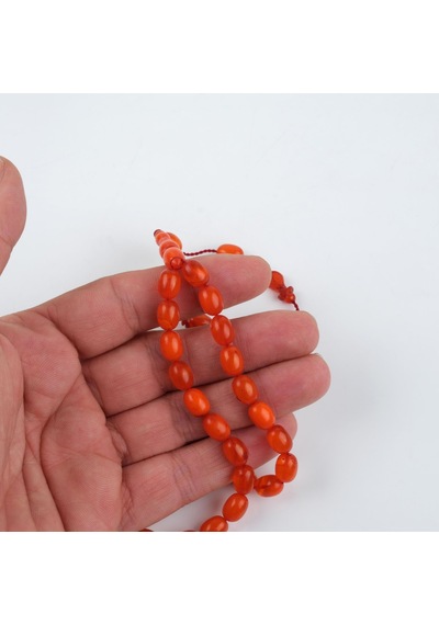 Sıkma Kehribar Usta İşi İmzalı Beyzi Kesim 7x9.5mm Tesbih - Turuncu Turuncu