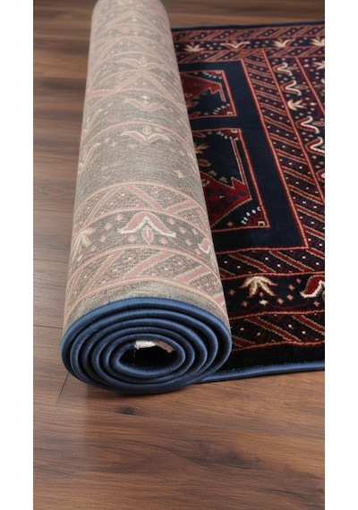 Nakış Serisi Lacivert Kırmızı Geometrik Motifli Şık Salon Halısı Af316 Navy Çok Renkli