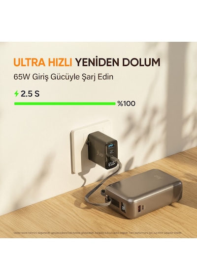 Juo 30000mah 65w Led Ekranlı Usb-a + Type-c Dahili Kablolu Powerbank Taşınabilir Pd Hızlı Şarj Cihazı Gri