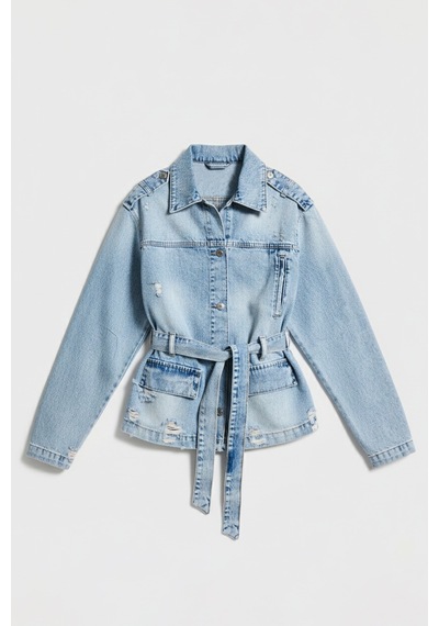 Kadın Ice 12s6-32 Oversize Kemer Detaylı Yırtık %100 Koton Denim Ceket Ice Rengi