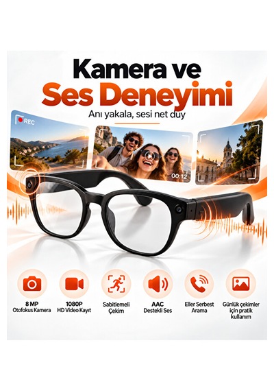 Yapay Zeka Destekli Akıllı Gözlük 8 Mp Kamera, 1080p Video, Wi-fi, Fotokromik Lens Ve 3 Lens Seti