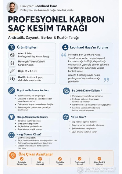 Transformacion Profesyonel Karbon Saç Kesim Tarağı - Antistatik, Dayanıklı Berber & Kuaför Tarağı 721889 Genel