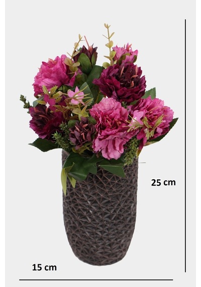 Lüx Beton Retro Tombul Vazoda Yapay Kasımpatı Tanzimi 25 Cm Mürdüm-pembe