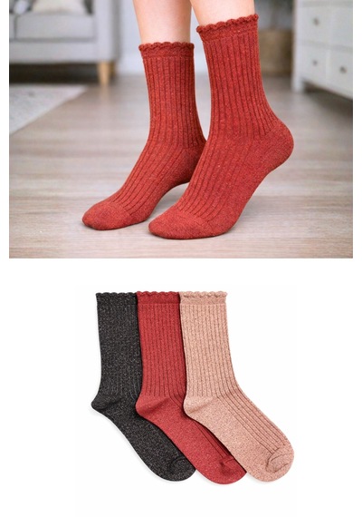 Orbis 3'lü Kadın Simli Fashion Ribli Çorap Pembe - Çok Renkli