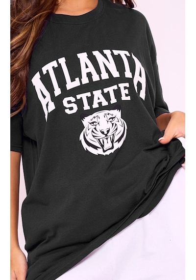 T-shirt - Siyah Baskılı Oversize Bisiklet Yaka Kısa Kol Tişört Siyah
