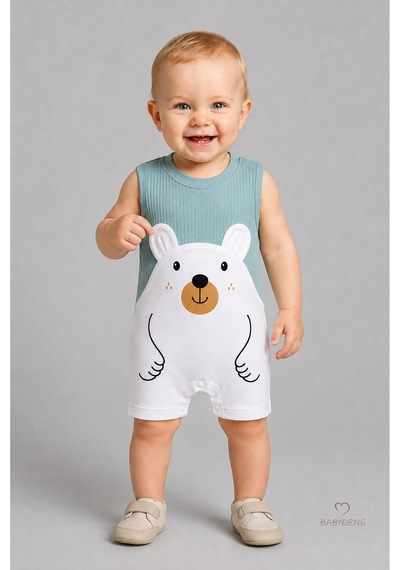 Babyden's Erkek Bebek Yazlık Ayıcık Baskılı Fitilli Tulum %100 Pamuk Kolsuz Şort Tulum Yenidoğan Bebek Romper 0-9 Ay Haki