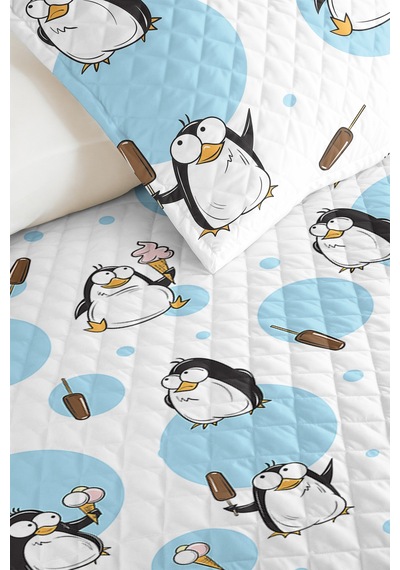 Evimde Bambaşka Penguen Mavi Çocuk Odası Tek Kişilik Pike Takımı-sevimli Modern Siyah 160x220 CM Kapitone Yazlık Örtü