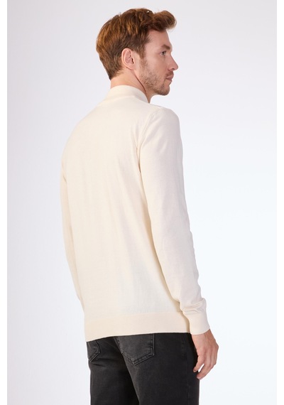 Dufy %100 Pamuk Ekru Düz Erkek Triko - Slim Fit Ekru