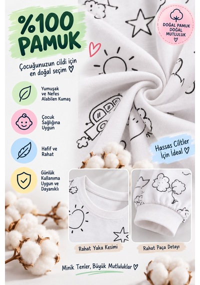 Pijamask Boyanabilir Unisex Çocuk Pijama Takımı 6 Renk Keçeli Kalem Hediyeli, Yıka Tekrar Boya, %100 Pamuk Beyaz