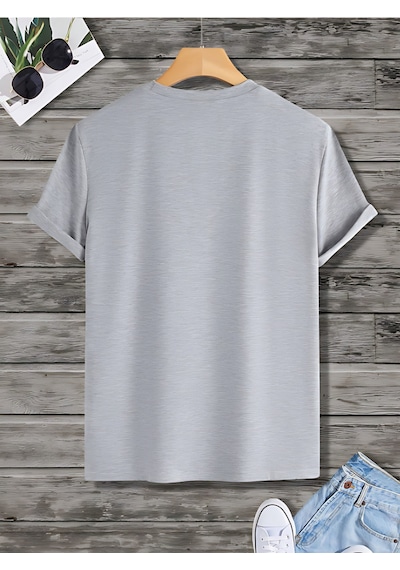 Kulaklık T-shirt - Baskılı Oversize Bisiklet Yaka Kısa Kol Tişört Gri