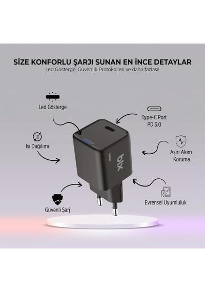 Bix BX1P20G GaN 20W Led Göstergeli Hızlı Şarj Cihazı Siyah