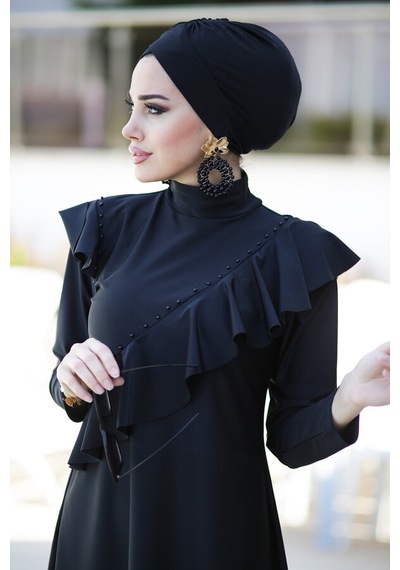 Tasarım Likralı Tam Kapalı Tesettür Mayo Fırfır Volan R032 Hatice Sultan Siyah