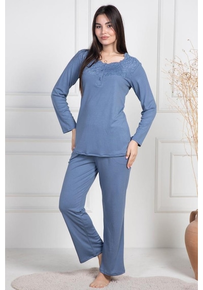 Mecit Pijama Mecit 6104 Bayan İndigo Büyük Beden Uzun Kollu Pijama Takımı İndigo
