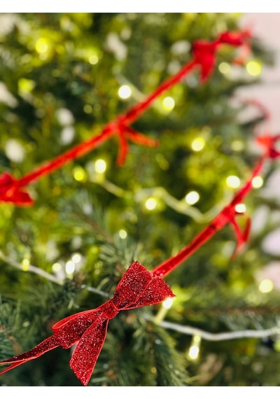 Yılbaşı Kırmızı Simli Kadife Kurdele Fiyonk Noel Çam Ağaç Süsü 1 Adet