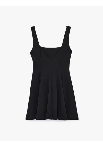 Koton Krep Scuba Kumaş Kare Yaka Kalın Askılı Mini Kloş Elbise Siyah 6sak80265ek