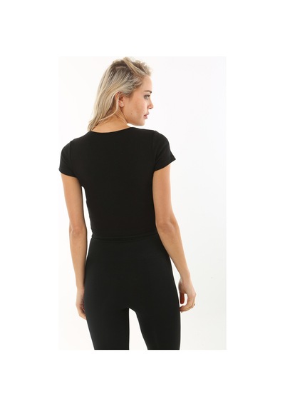 Rooted-kadın Basic Crop V Yaka Kaşkorse T-shirt SIYAH