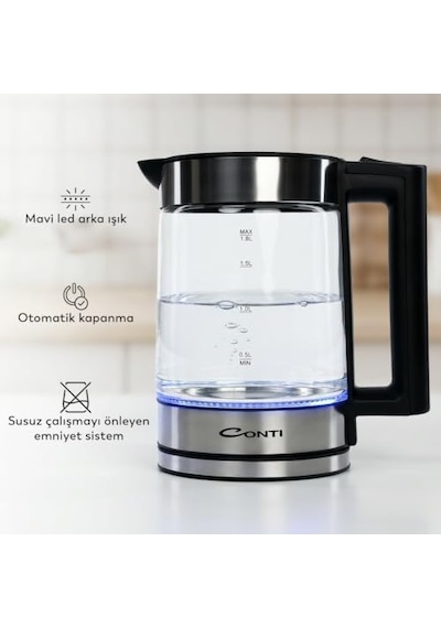 Ck-252 Excellent Kettle 1.8 L Cam Gövdeli Su Isıtıcı 2200w Hızlı Kaynatma Led Aydınlatmalı Paslanmaz Çelik Taban Otomatik Kapanma Gold