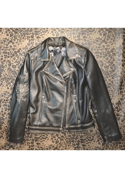 Nyc Giyim Tekstil & Deri Hakiki Deri Kadın Ceket Slim-fit Biker Şeytan Figürlü Mont Siyah - Kahverengi