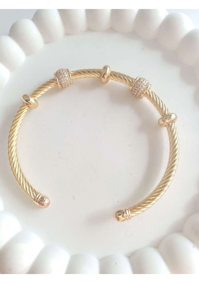 Çelik Gold Taşlı Kadın Kelepçe Bileklik Sevgiliye Hediye Altın
