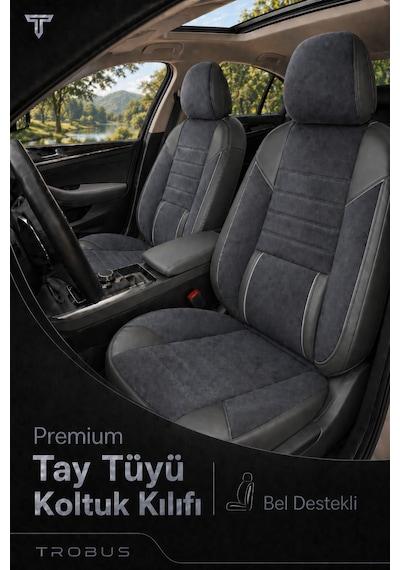 Nova Serisi Tay Tüyü Bel Destekli Füme Siyah Premium Üniversal Koltuk Kılıfı Tam Set