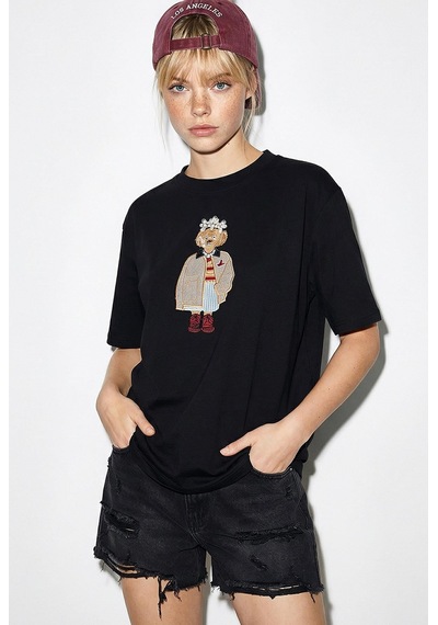 Shade Kadın Köpek Nakışlı Taş İşlemeli Relaxed Fit Pamuk T-shirt 1077 60286067 - Siyah L