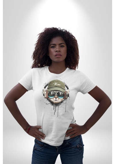 Havalı Pilot Şapkalı Müzik Dinleyen Kedi Unisex Unisex Beyaz Organik Baskılı T-shirt Penye Yüksek Kalite Beyaz