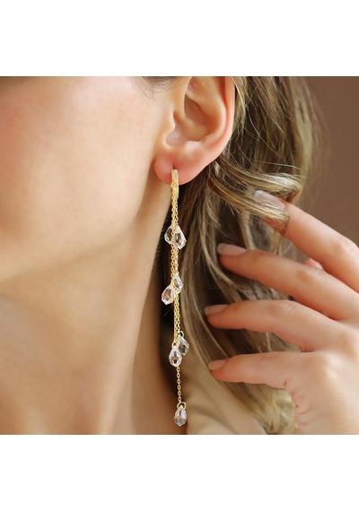 Damla Sallantılı Kristal Gold Gümüş Küpe Gümüş