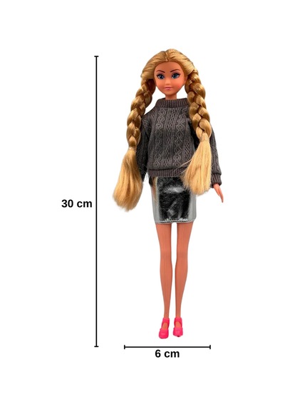 Good Girl Örgü Saçlı Kazaklı Model Oyuncak Bebek 30 Cm - Kış Serisi Tarz Bebekler Krem/gri