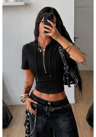 Tarz Cool Kapüşonlu Crop Tişört Fermuarlı Kısa Kollu Kadın Üst Body Siyah