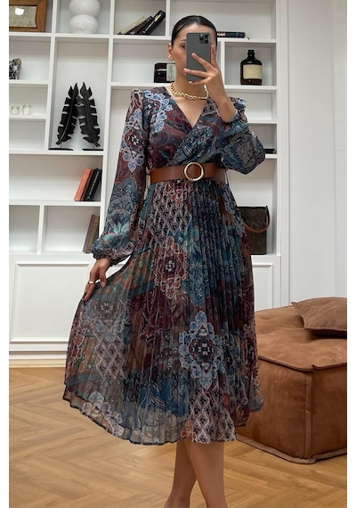 Madmext Kahverengi V Yaka Beli Lastikli Desenli Şifon Elbise Mg2225 Kahverengi