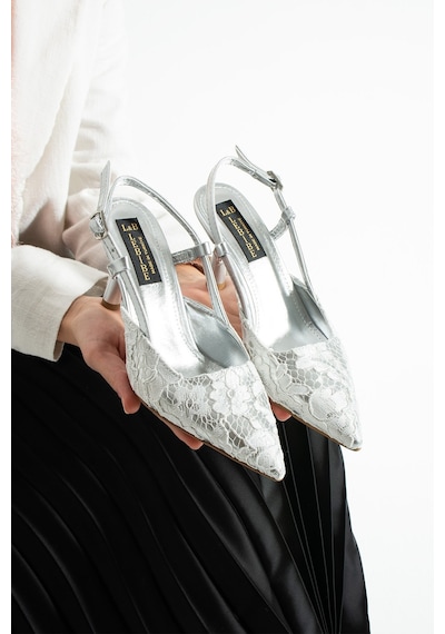 Lebibe Shoes Lısa Kadın Gümüş Sivri Burun 7 Cm Topuklu Çiçek Dantel Desenli Rugan Slingback Ayakkabı