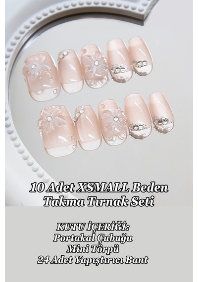Xsmall Beden Kısa Takma Tırnak Çiçek Charm 10 Adet Takma Tırnak Seti T068 Kabartma Çiçek